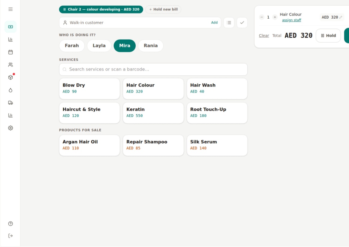 Roo SalonOS checkout screen logged in as the Owner, with a full nine-item sidebar menu