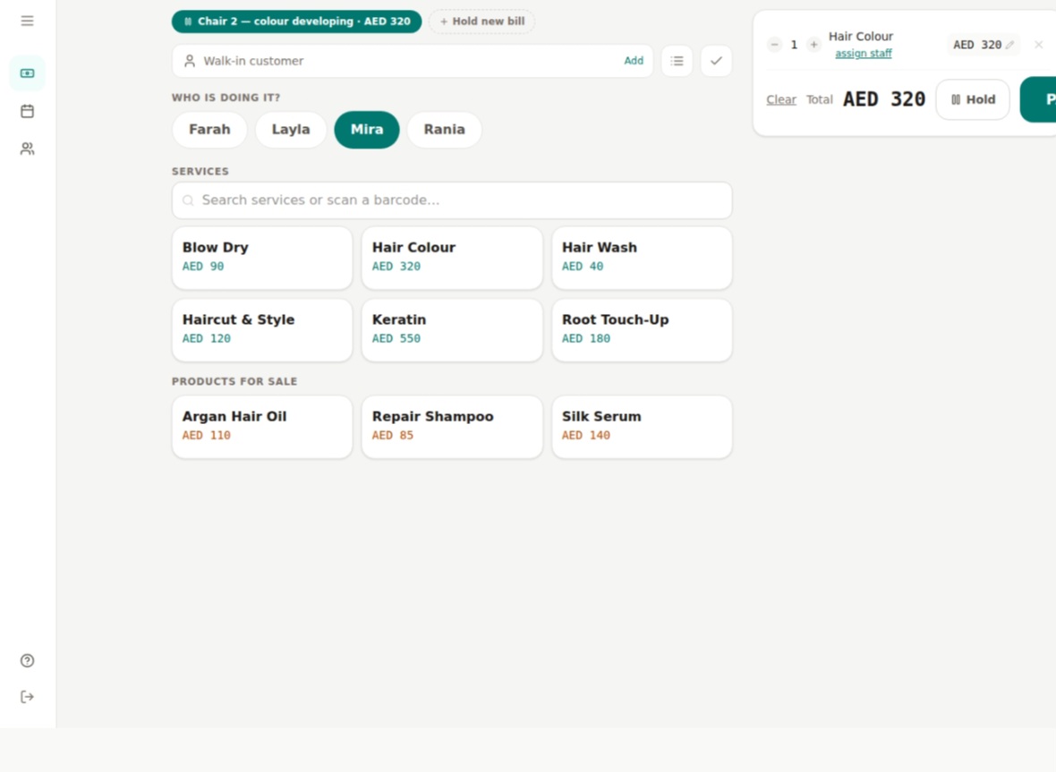 The identical checkout screen logged in as a Receptionist, with a short three-item sidebar menu covering only booking, checkout, and customers
