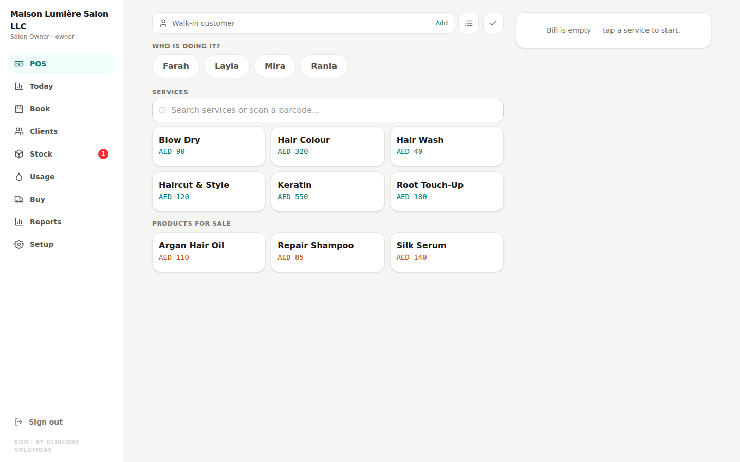 Roo SalonOS checkout screen — ringing up a service for a walk-in customer